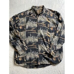 North River‎ Mens L Long Sleeve Button Down Shirt Deer Gun Forest Print Casual